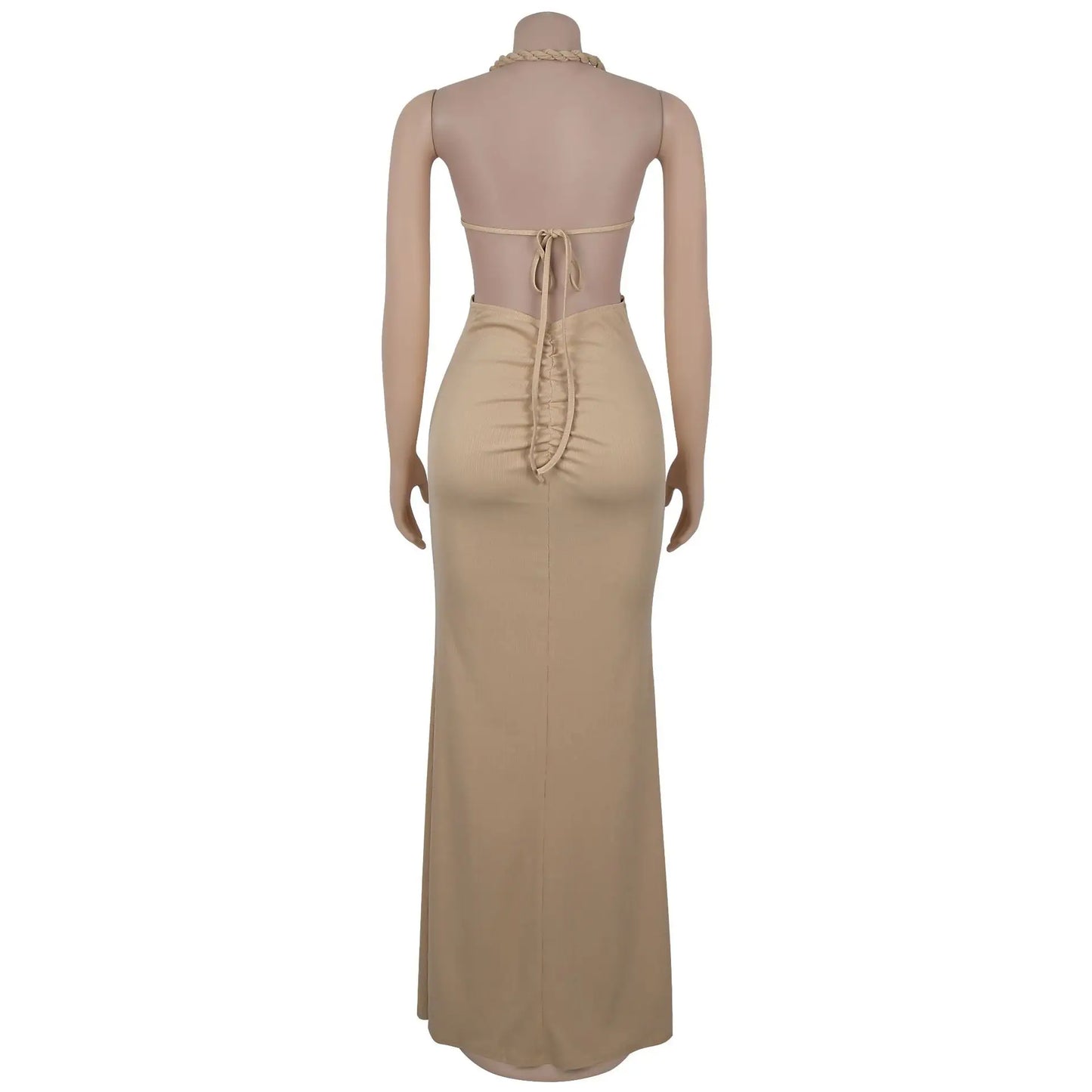 Bohemia Knitted Women Maxi Dress 2025 Summer Halter Lace Up Backless Split Sheath Vestidos Beach Vacation Robe