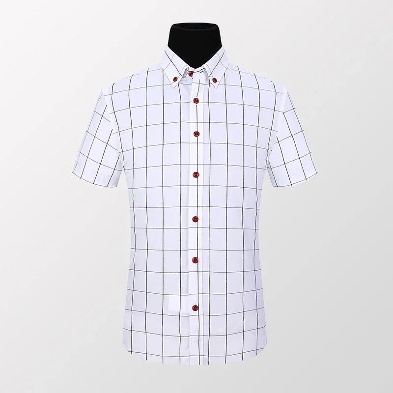 Summer Men Shirts Short Sleeve Plaid Shirt Slim Casual Button Up Dress Shirts Men Big Size M-5XL Anti-wrinkle Soft