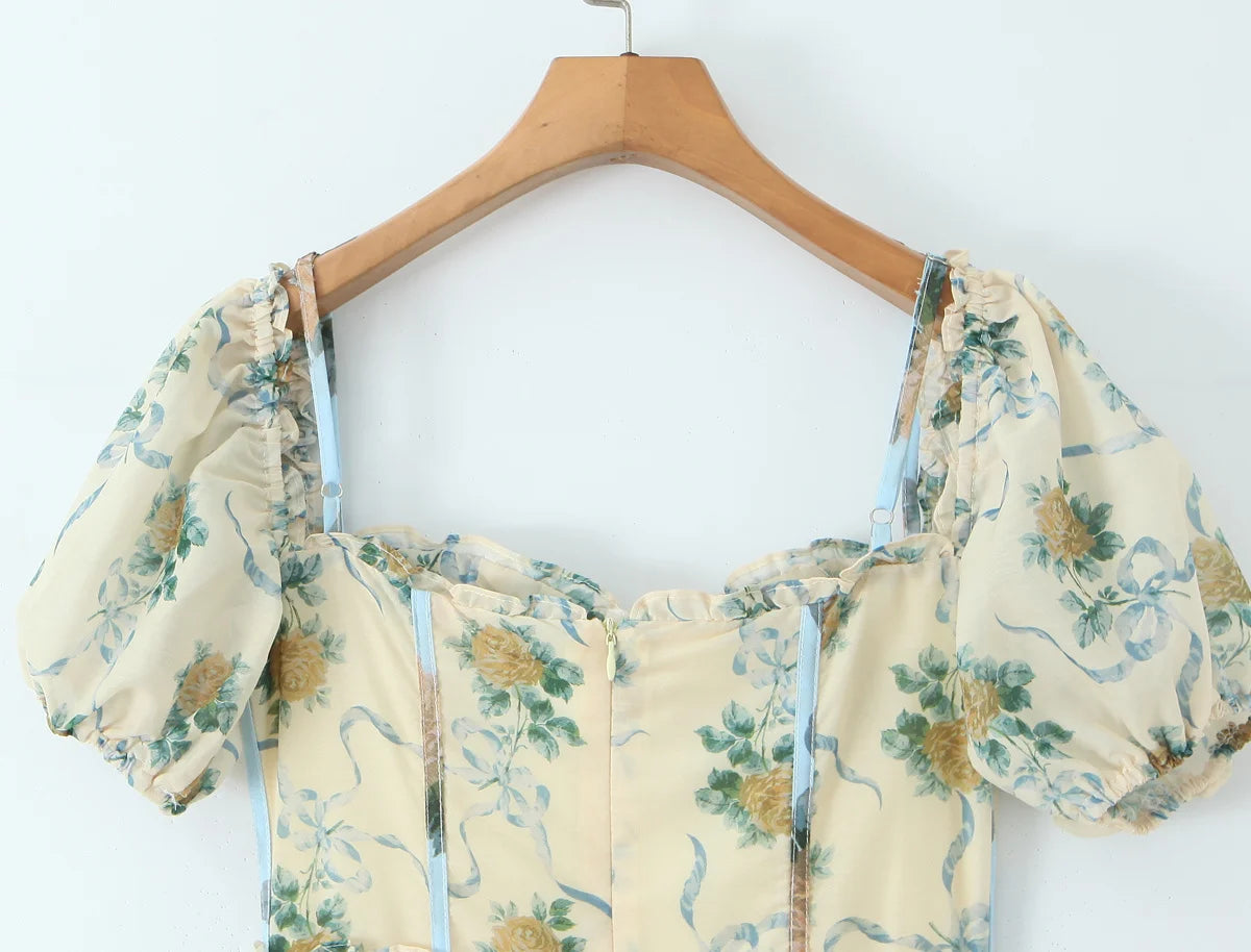 Patchwork Floral Print Boho Summer Dresses Women Vintage Puff Sleeve A-line Midi Chiffon Dress Chic Lady Vacation Robe