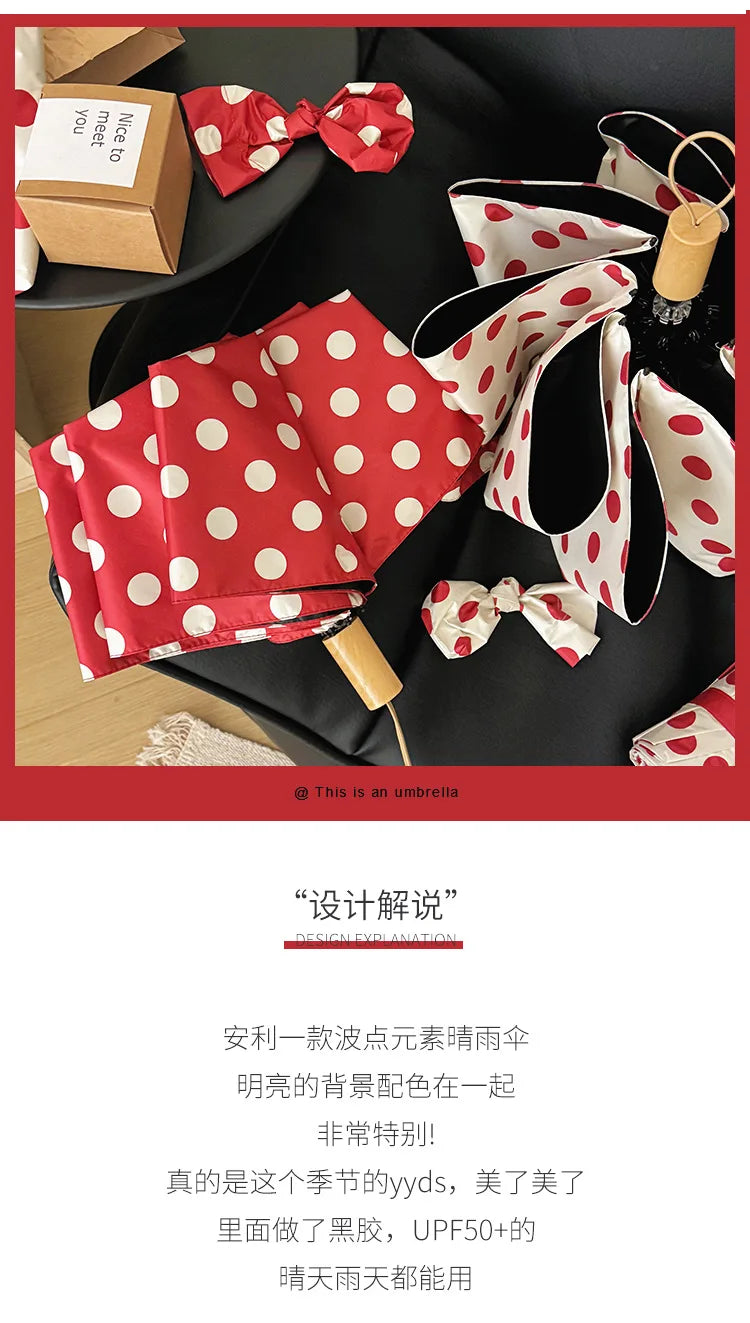 Large Polka Dots AutoOpen/Close Women’s Retro Aesthetic 2-in-1 Umbrella - UPF 50+ Protection 3-Fold Compact, Windproof & Stylish