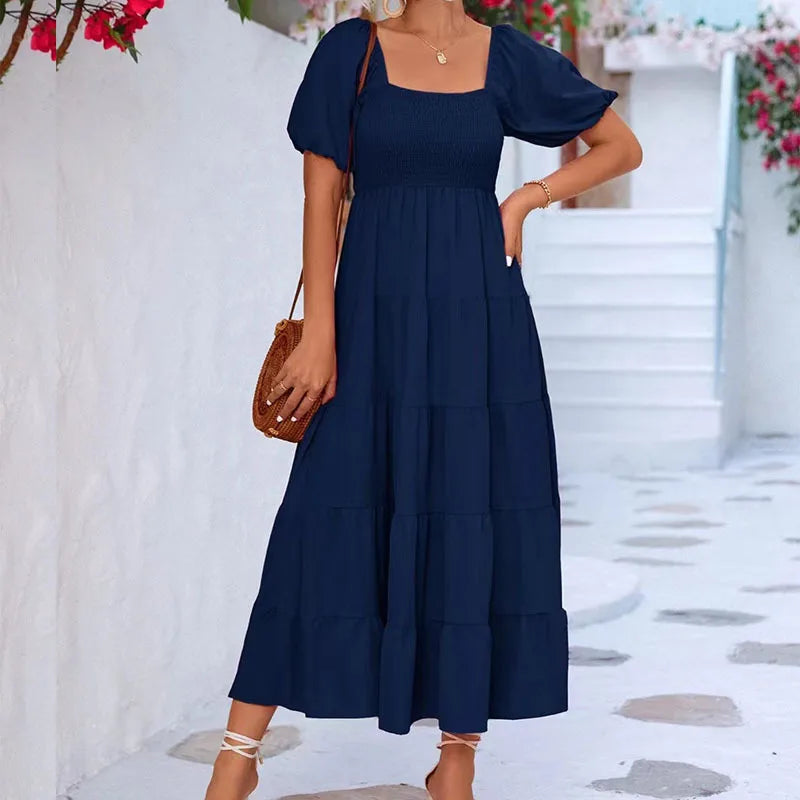 Dresses For Women  Streetwear Plus Size Square Neck Backless Puff Sleeve Pleated Short Sleeve Dress