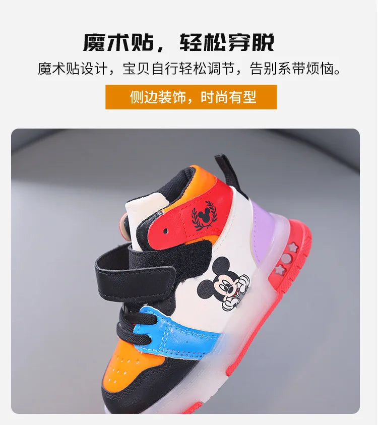 Disney Girls' Casual Sneakers PU Leather Mickey Mouse LED Light-Up Children's Sneakers - 1-6 Years Old Sports Casual Footwears