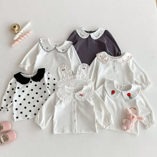 Herfst Baby Onderhemdjes Zoete Borduurwerk Bloem Strik Baby Meisjes Bottoming Shirt Peuter Dunne Kleding Tops 0-3T Meisjes