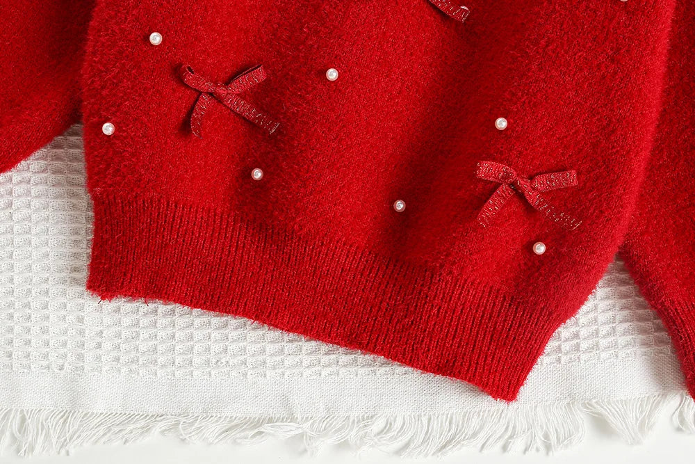 New Autumn Baby Knitwear Cute Girls Bow Bead Children's Sweater Thin Kids Clothes 9M-5T Girls