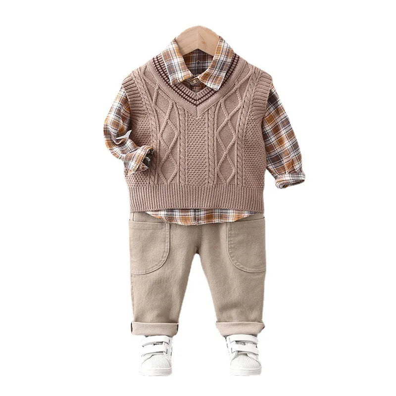 3-delige lente kinderkledingset, schattig dun vest + blouse + broek, meisjes, kleurblok, raster, bovenkleding, 1-3 jaar, unisex