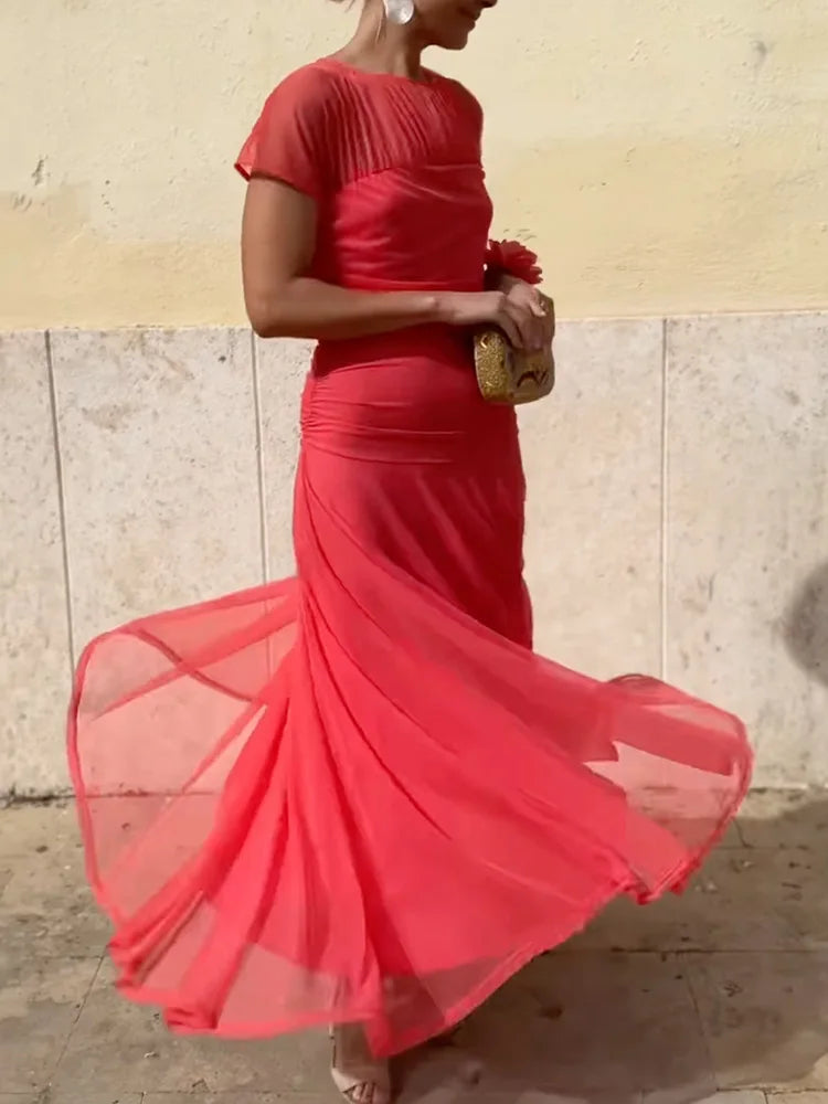 Women Summer Round Neck Loungewear Dress, See Through Solid Mesh Patchwork Elegant Maxi Dress, Short Sleeve Casual Ladies Dress