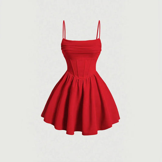 Women's A-Line Mini Short Dresses Square Neck Sleeveless Solid Red Elegant Party Summer Sexy Milkmaid Pleated Dresses