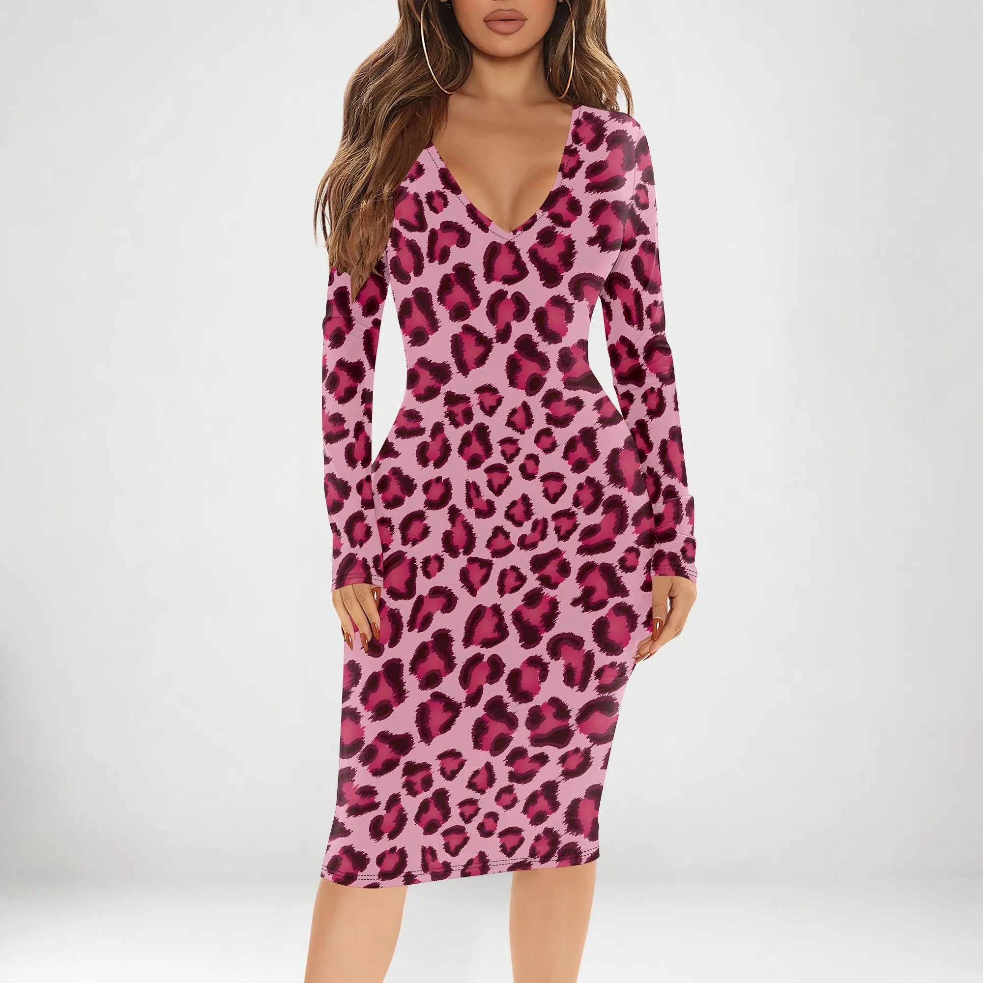 Sexy Pink Leopard Print Bodycon Dress for Women Long Sleeve Slim Fit Clubwear Dress