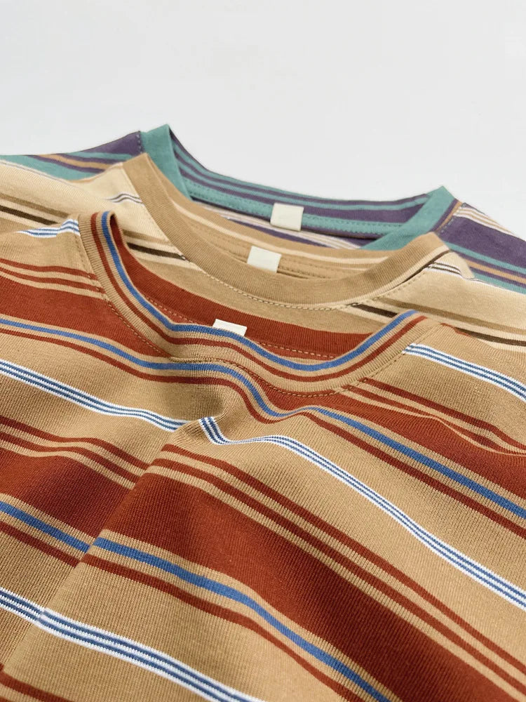 2025 Summer New Children Short Sleeve T-Shirts Cotton Baby Boy Girl Casual Striped Tees Toddler Versatile Tops Kids Clothes