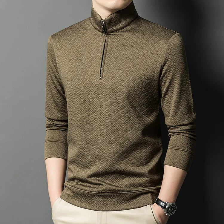 Men's Zipper Stand-Up Collar Long Sleeve T-shirt, Autumn & Winter Fashion Brand Loose Pullover With Advanced Geometric Jacquard Fabric