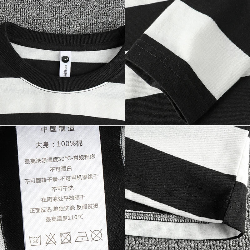 2024 Autumn New American Retro Long Sleeve O-neck Micro Chapter Striped T-shirt Men's Fashion 100% Cotton Washed Casual Tops