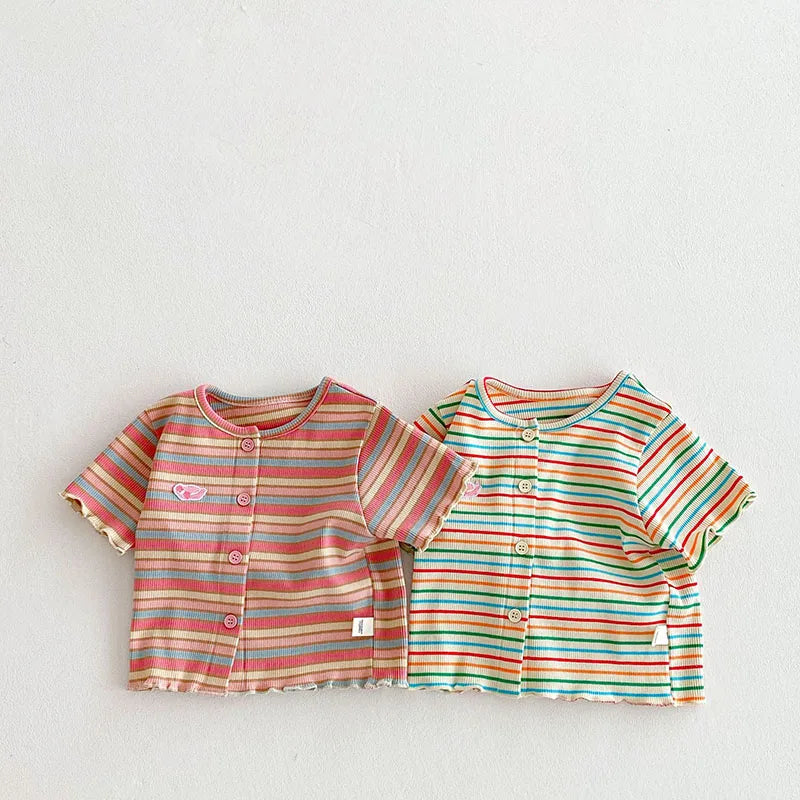 New Summer Girls Colourful Striped Cardigan Kids Short-Sleeved Knitted Sweater Children Cute Lace Bow Jeans 0-5Y Girls