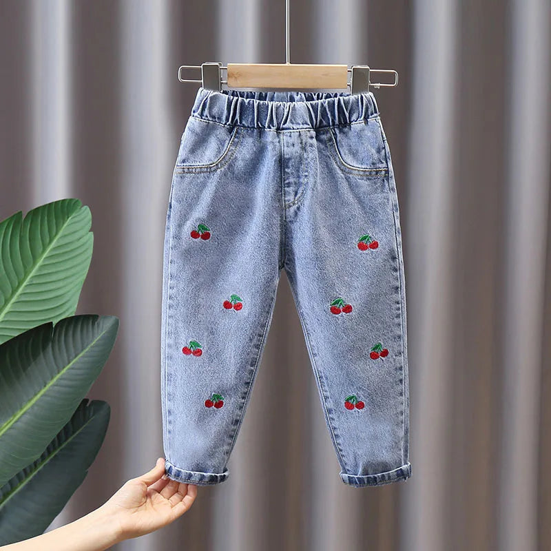 New Spring Kids Jeans Girls Boys Cute Embroidery Cherry Flower Denim Blue Pants Children Outwear Trousers 4-6Y Unisex
