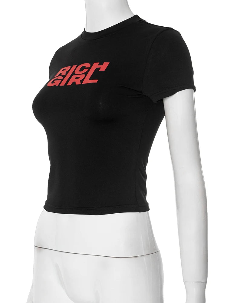 Letter Print Fashion Crop Tops Women Summer Trend o-Neck Mini Sleeve Daily Casual Simple Classic Streetwear T-Shirts
