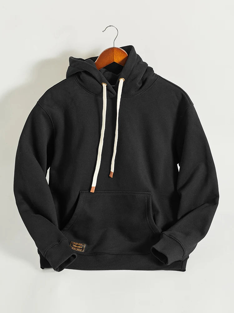 Autumn Winter American Retro Hooded Kangaroo Pocket Sweatershirts Men's Fashion Loose Casual Heavyweight Velvet Pullover Hoodies