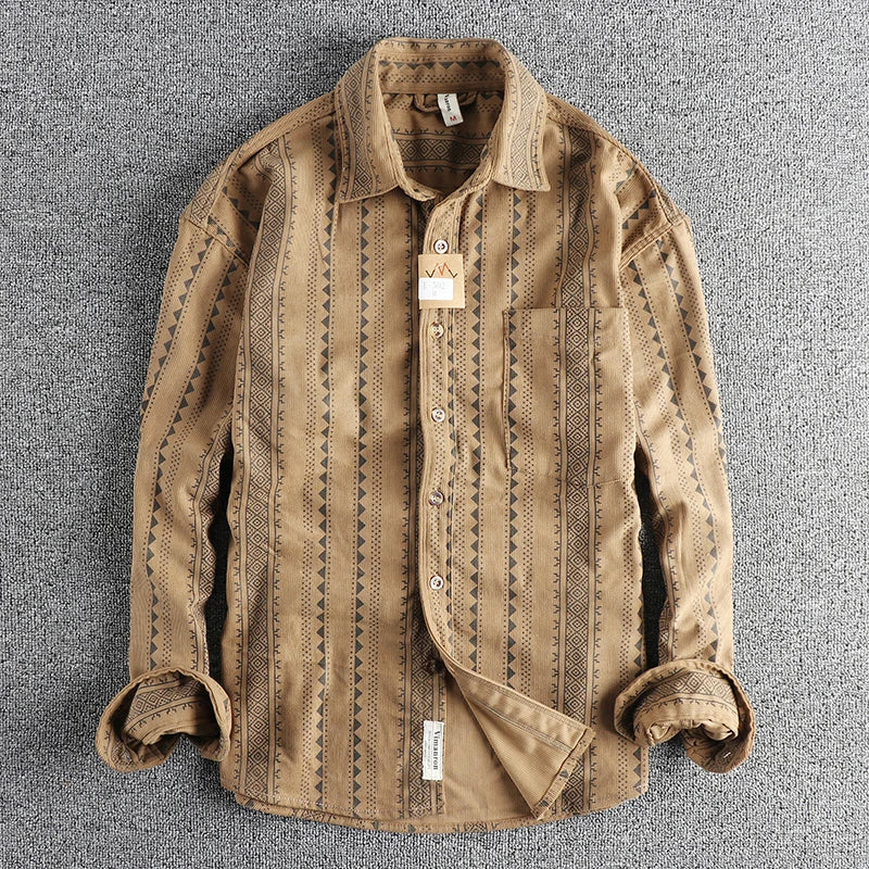 Spring New American Retro Long Sleeve Lapel Navajo Totem Printed Shirt Men's Fashion 100% Cotton Washed Casual Blouses Thin Coat