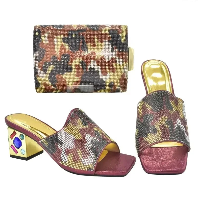 Women's Italian Luxury Shoes with Bag Set Decorated with Rhinestone Open Toe Pumps for party