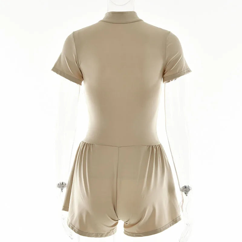 2025 Nieuwe dames jumpsuit effen kleur rits O-hals korte mouwen sport bodysuits dames zomer sexy slanke eendelige playsuits
