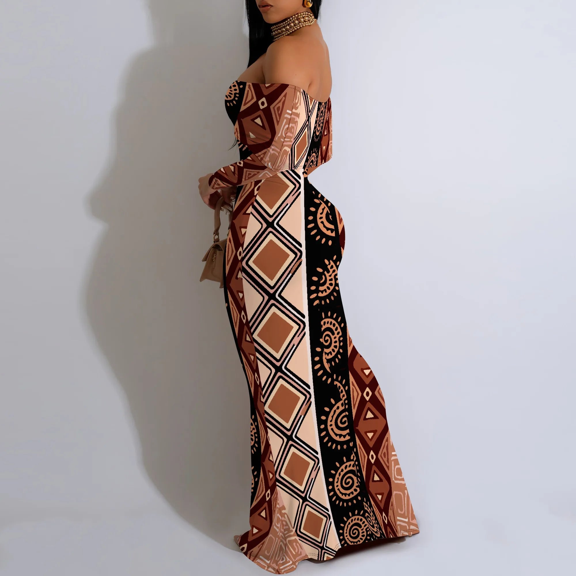 Off Shoulder Maxi Dress Blue Purple Glitter Print Bodycon Long Sleeve Gown