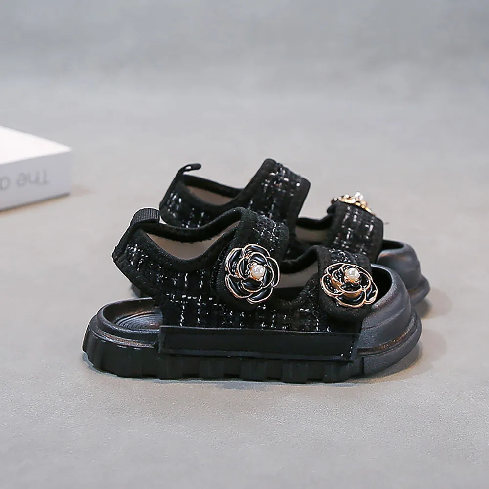 Koreaanse zomersandalen voor meisjes, luxe parelbloem kinderstrandschoenen, ergonomische sandalen met zachte zool voor meisjes