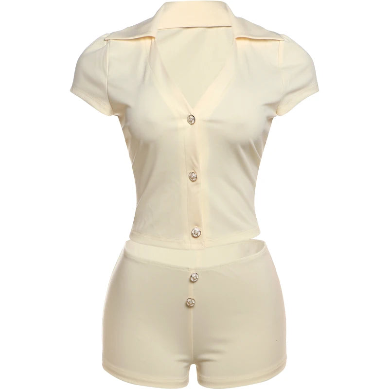 Simple 2 Piece Set Women Lapel Neck Single-Breasted Crop Tops + Bottom Skinny Shorts Daily Casual Home Comfortable Suit