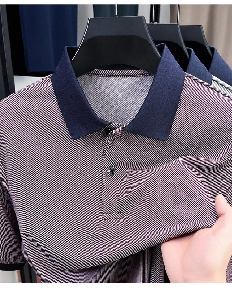 Men’s Breathable Polo Shirt – Stretch Fabric & Striped Design for Office/Casual Use Elastic Comfort and Classic Collar M-4XL