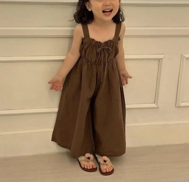 2025 Zomer Nieuwe Meisjes Mode Sling Wijde Pijpen Broek Katoen Kinderen Casual Overalls Kinderen Jumpsuit Effen Baby Meisjes Losse Broeken 4-6Y