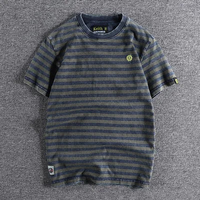 Summer New Japanese Retro Short Sleeve Striped T-shirt Men's Fashion 100% Cotton Slim Simple Round Neck Washed Old Casual Tops