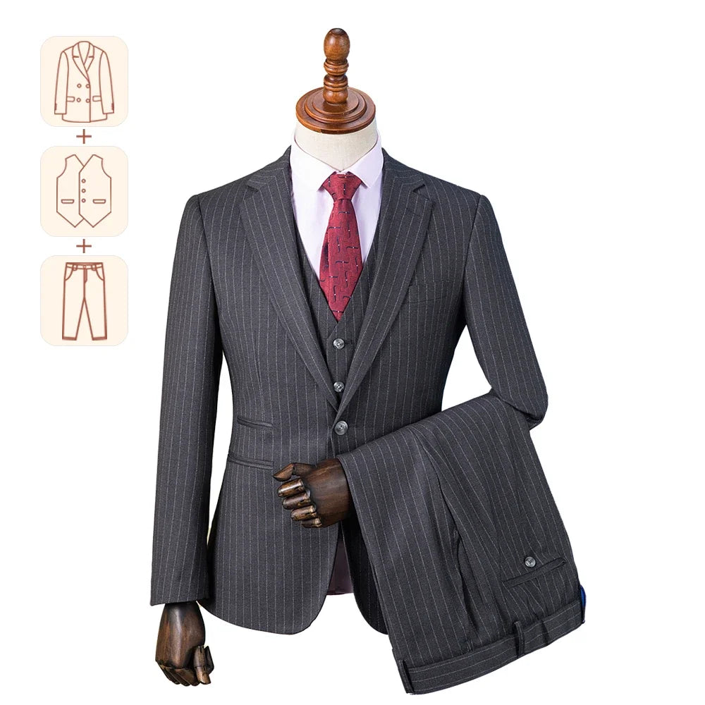 Men's Premium British Striped Suits, Business Formal Dress, Wedding, and Groom, Slim-Fit, Coat Vest & Pants -  Customized Sizes Available