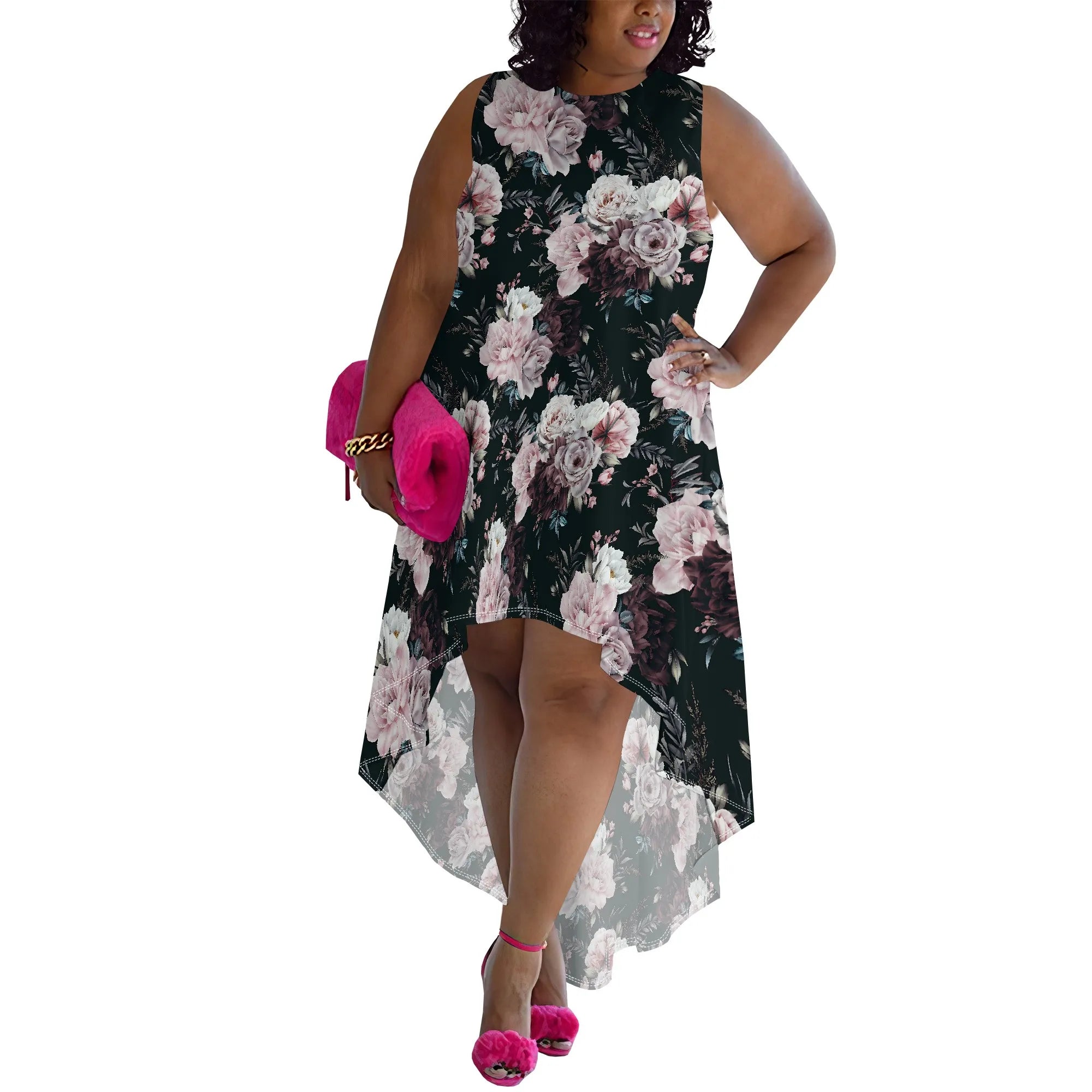 Plus Size Sleeveless Tropical Leaf Print High-Low Dress for Women, Casual Summer Dress