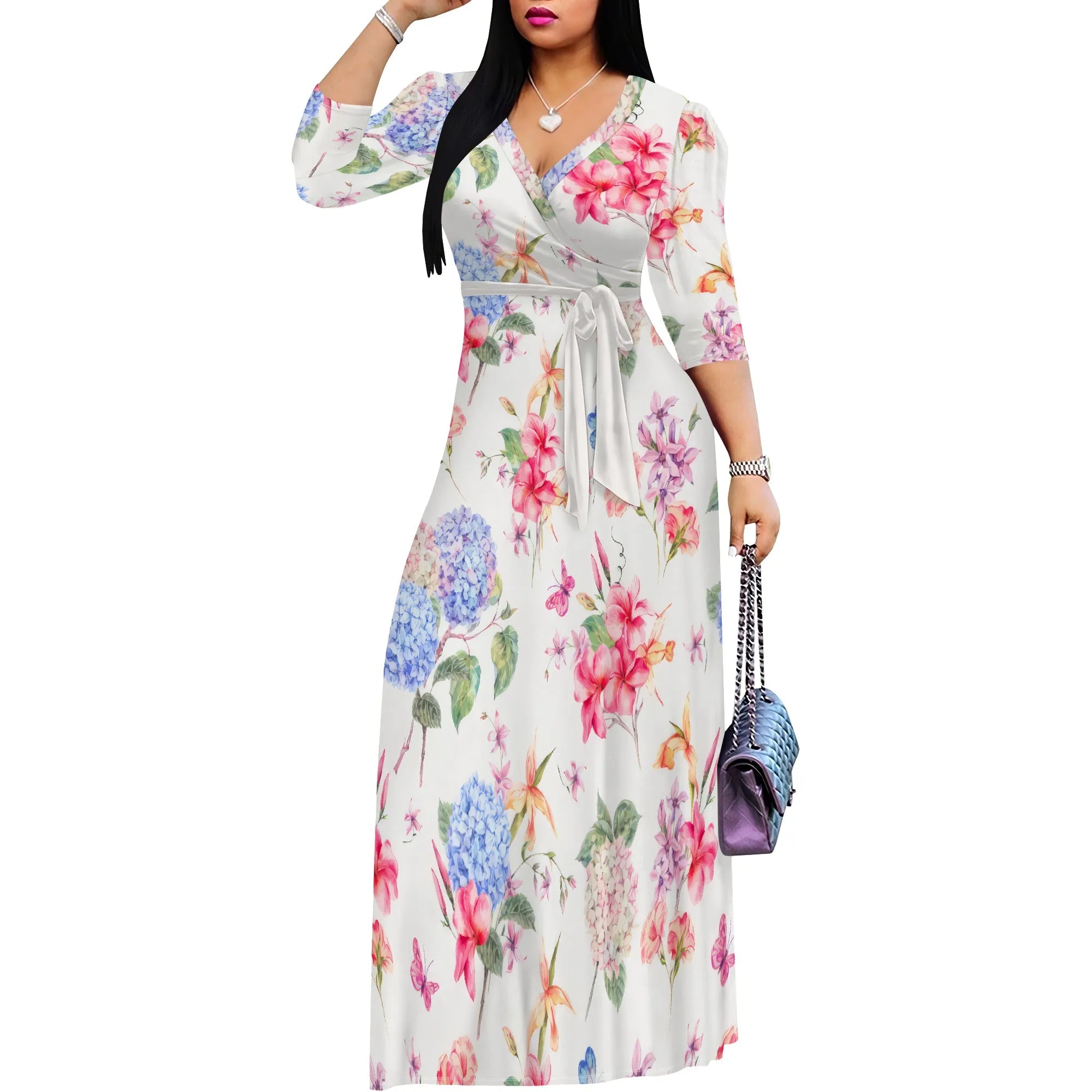 Pastel Floral Maxi Dress Plus Size Long Elegant Beach Holiday V Neck Spring Boho Style