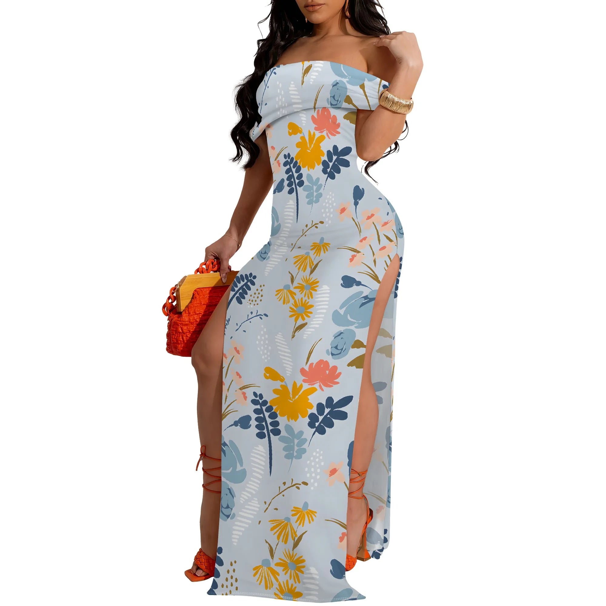 Lily Floral Off-Shoulder High Slit Maxi Dress - Women's Fresh Elegant Party Evening Resortwear Date Night