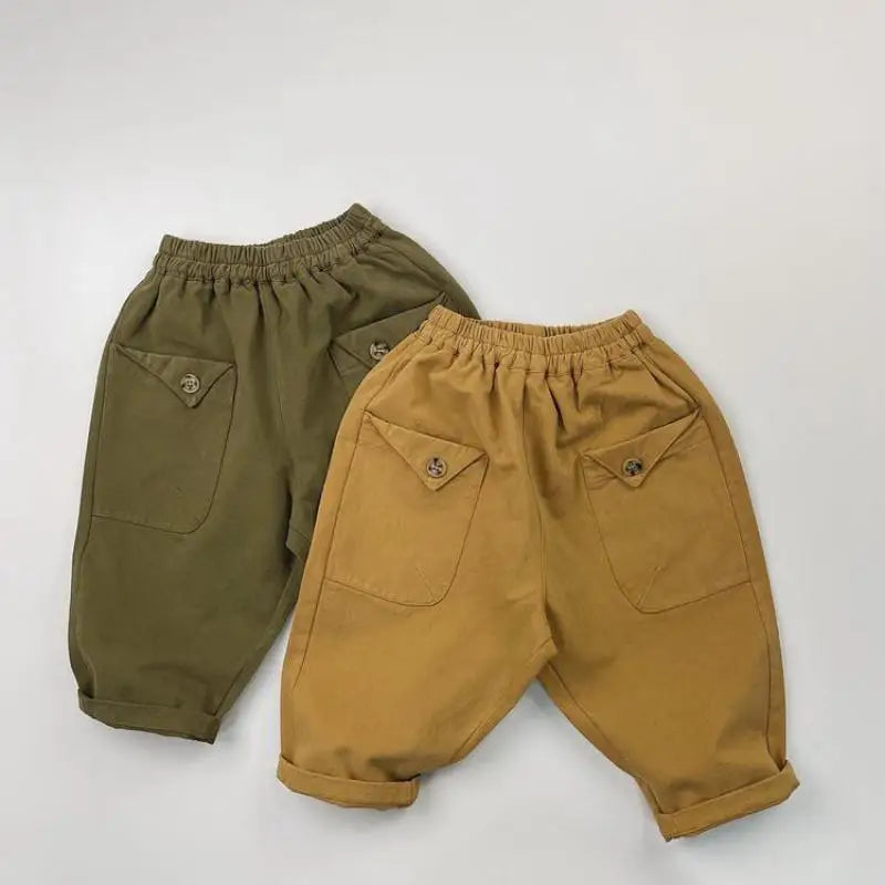 2025 Herfst Nieuwe Kinderen Losse Broeken Baby Meisjes Effen Vintage Casual Broek Peuter Jongens Veelzijdige Cargo Broek Kinderkleding 4-6Y Unisex