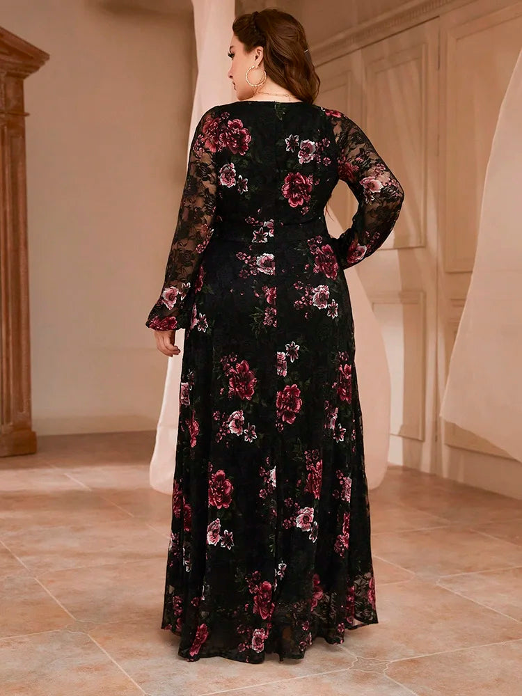 Spring Summer Lace Mesh Floral Print Lantern Sleeve Women Clothing 2024 New Plus Size  Luxury Elegant Party Evening Dress