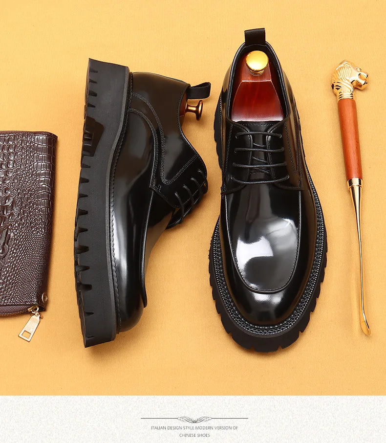 Designer Men's Leather Shoes With Thick Soles Round Toe Glossy Leather Business Dress and Waxed Cowhide Lace-Up British Shoes