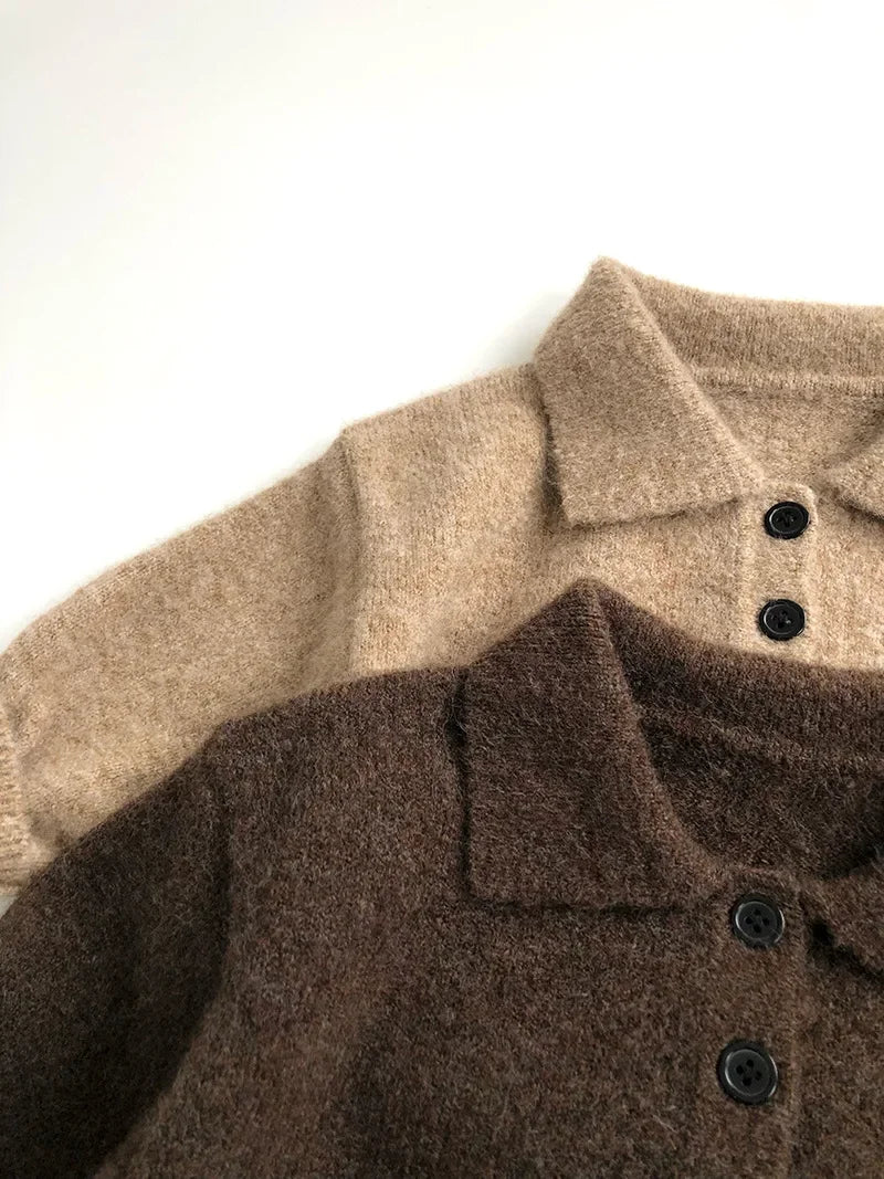 Autumn New Boys Clothes Kids Knit Turn Down Collar Sweater Children's Trendy Solid Colour Pullover Girls Outwear 1-6Y Unisex