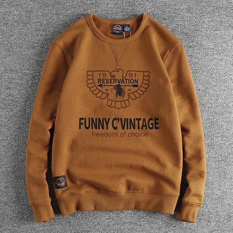 Winter American Retro 420g Thick Velvet Indian Elemet Printed Sweatshirts Men's Simple Washed Youth Casual Pullover Sportwear