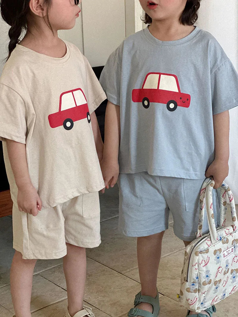 New Summer Kids Clothes Suit Children Cute Cartoon Car T-shirt + Shorts Boys Thin Style 2PCS Outfit 1-4Y Unisex