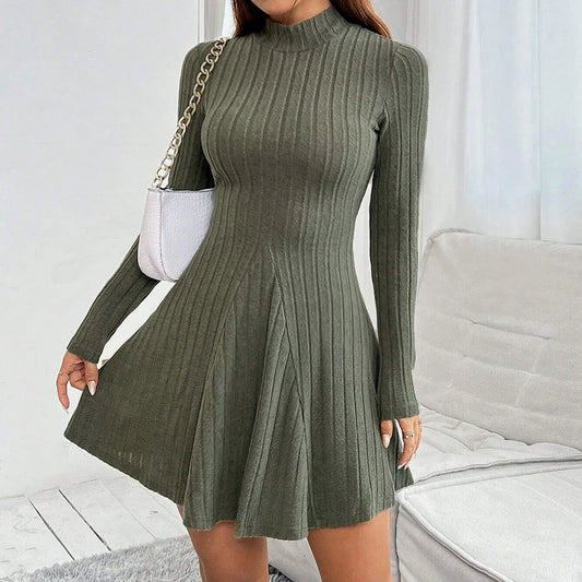 Women's Dresses Fall Winter Simple Solid Colour Long Sleeve Mock Neck A Line High Waisted Flare Hem Casual Short Dresses
