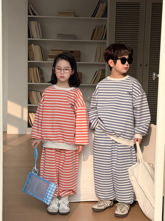 Spring Children's Clothes Boys' Tracksuit Kid's O-Neck Hoodie Set Girls' Korea Striped Letter Printed Sweatshirt 2Pcs Suit 4-6Y Unisex