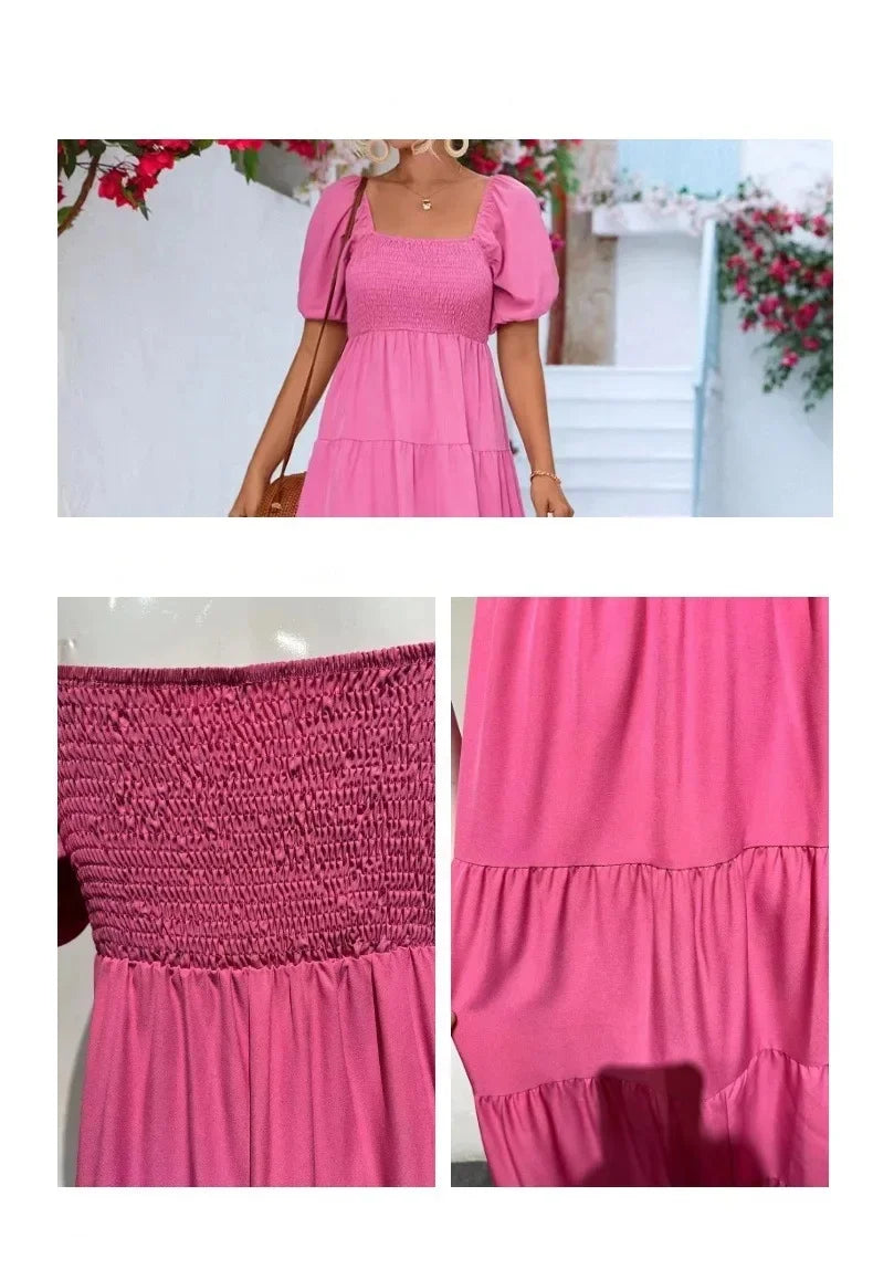 Dresses For Women  Streetwear Plus Size Square Neck Backless Puff Sleeve Pleated Short Sleeve Dress