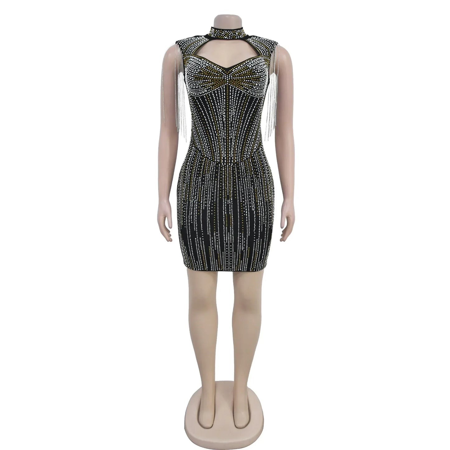 Sexy Sleeveless Rhinestone Decor Tassels Hollow Out Mini Dress