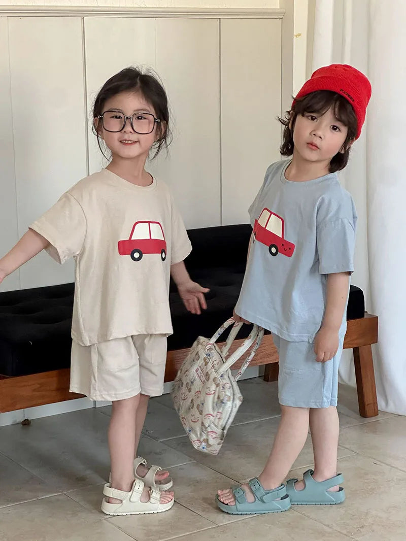 New Summer Kids Clothes Suit Children Cute Cartoon Car T-shirt + Shorts Boys Thin Style 2PCS Outfit 1-4Y Unisex
