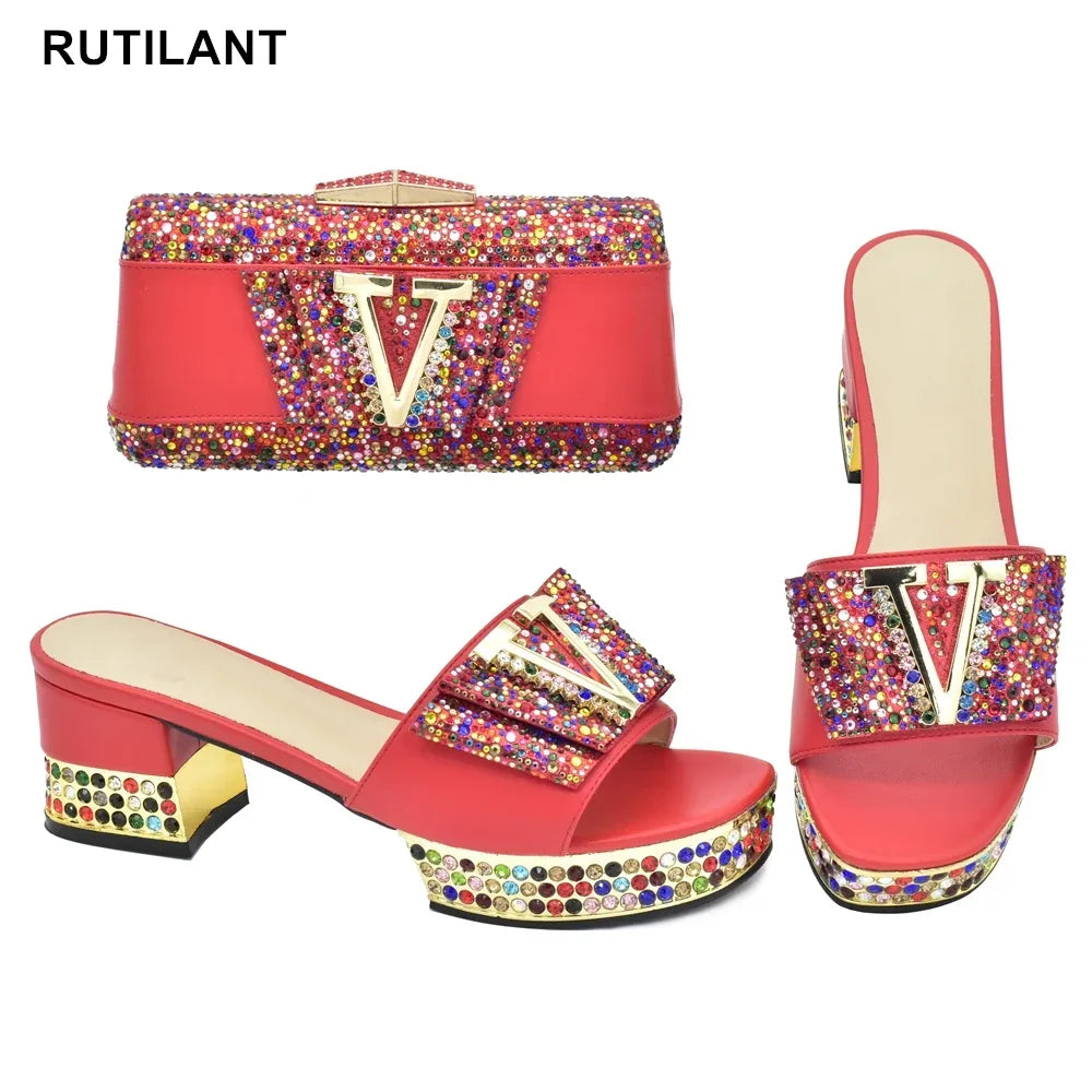 Fashion Ladies Shoe and Bag Set Latest Designers Nigeria Party Shoes and Bags for Women Full Rhinestone Wedding Shoes for Bride