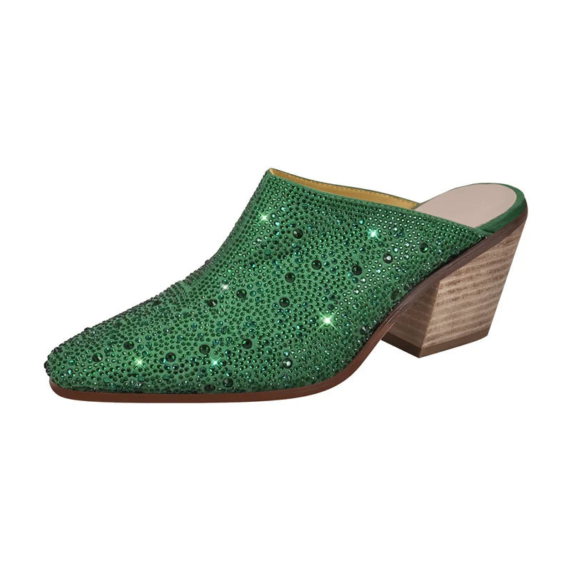 Women Pointed Toe Rhinestone Mules Glitter Bling Shiny Pretty Sparkly Gorgeous Chunky Heel Slip On Summer Slipper