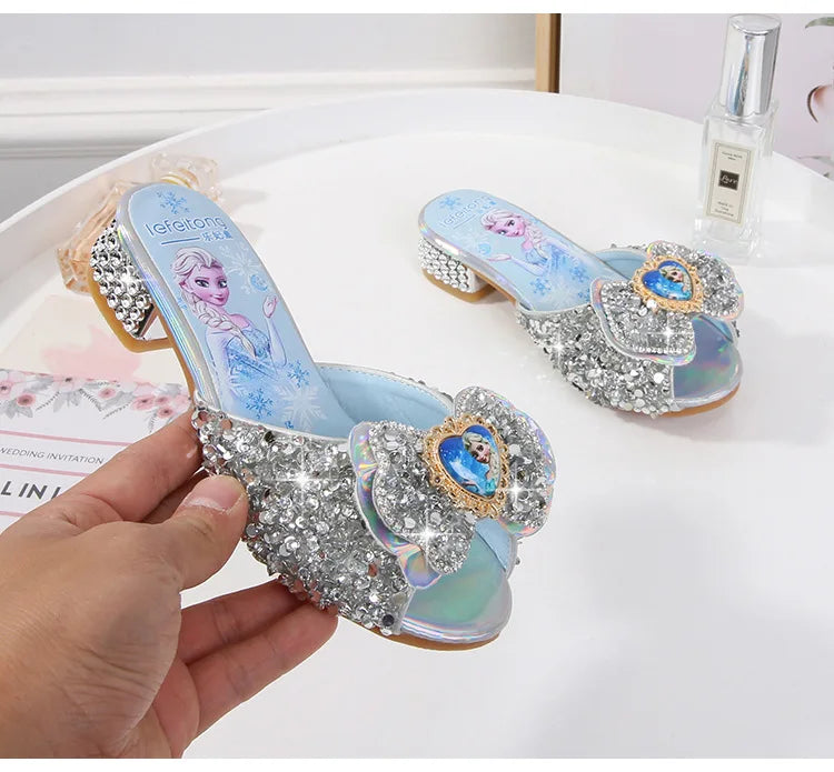 Zomersandalen voor meisjes, modieuze slippers met pailletten, prinsessenschoenen voor kinderen, hoge hakken, feestjurken, Elsa-schoenen, leren slippers voor meisjes