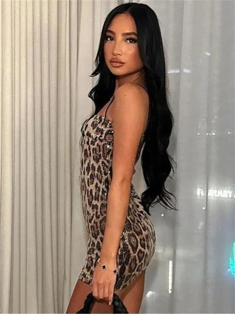 Shine Sequins Dress Women Leopard Print Hipster Backless Skinny Midnight Club Party Sexy Coquette Classic Mini Bodycon