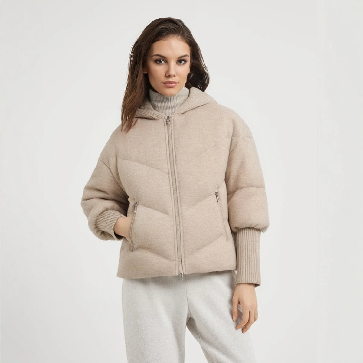 Women's Luxury Hooded Threaded Sleeve Down Coat, Warm Jacket For Ladies