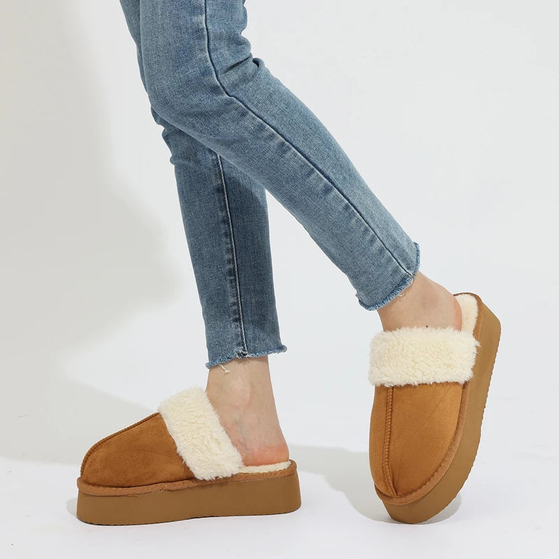 Women's Fluffy Plush Winter Shoes With Thick Sole Fuzzy Slides Suitable For Indoor and Outdoor Use With Anti-Slip Platform Fur Slippers