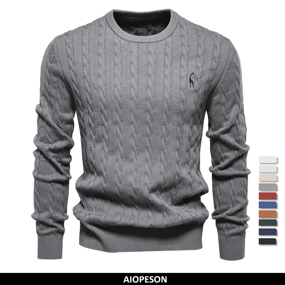 Men's Giraffe Embroidery Cotton Sweaters Round Neck Classic Twist Patterned Pullover Knitted Sweater for Men
